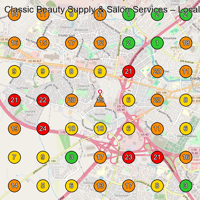 Classic Beauty Supply & Salon Services Beauty Supply Store GeoGrid ranking map for Frederick MD